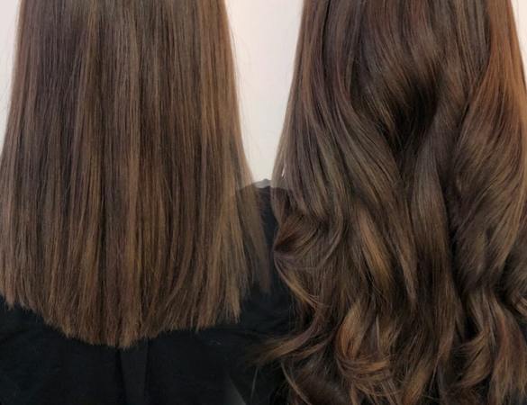 Vorher-nachher-Vergleich von glattem und lockigem braunem Haar nach Styling beim Friseur.