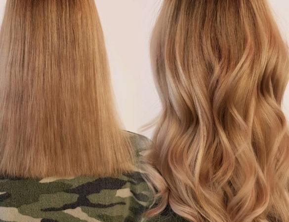 Vorher-Nachher-Vergleich von glattem und lockigem, blondem Haar nach Styling und Friseur.