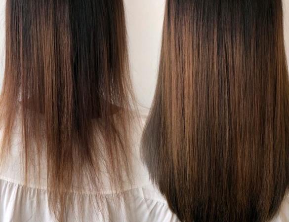Vorher-nachher-Vergleich von trockenem, sprödem Haar und gesundem, glattem Haar.